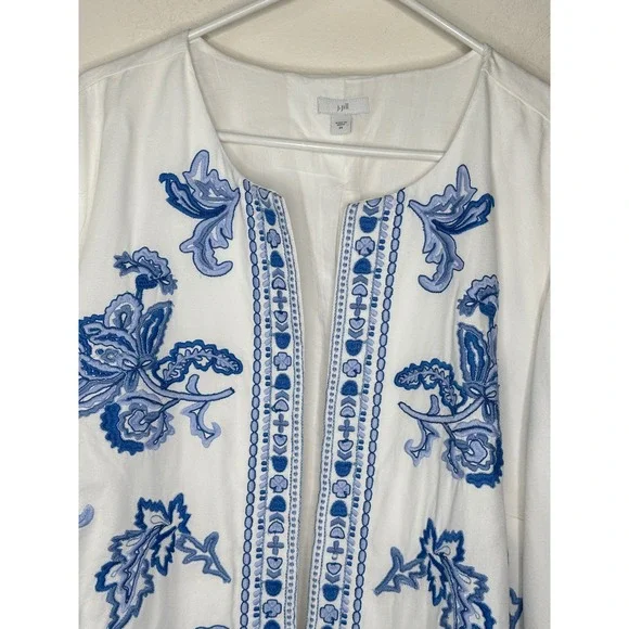 J. Jill Embroidered Open Front Jacket 2X White Blue Floral Cottage Coastal Boho - Picture 5 of 8